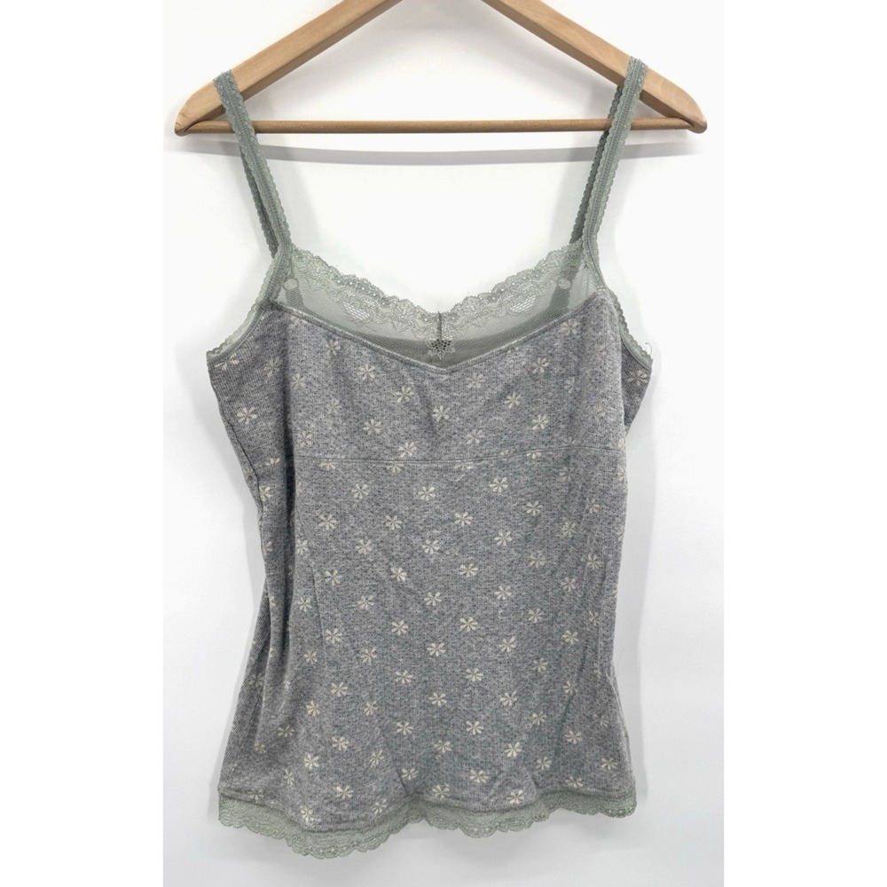 VTG Y2K Large Floral Tank Top Cami Lace Trim Babydoll Retro Cottagecore Fairy